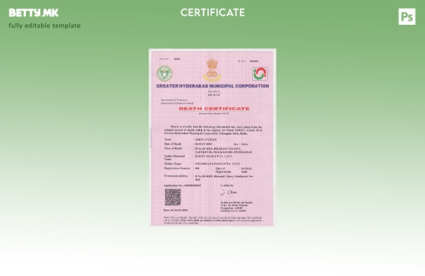 Модерен стил, шаблон за уверение за смрт во Индија во формат PSD, целосно уредли